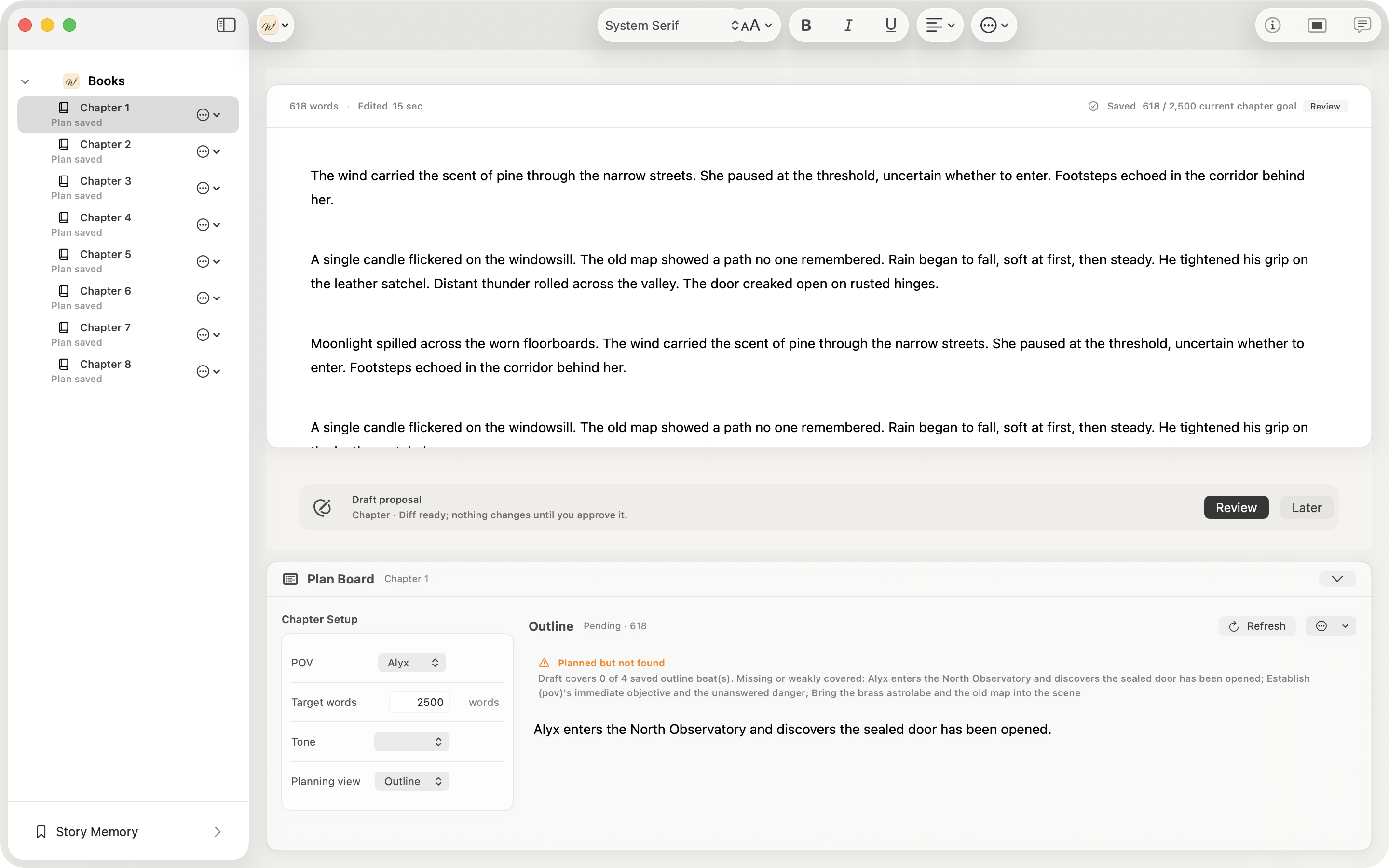 WolfeWriter manuscript writing canvas