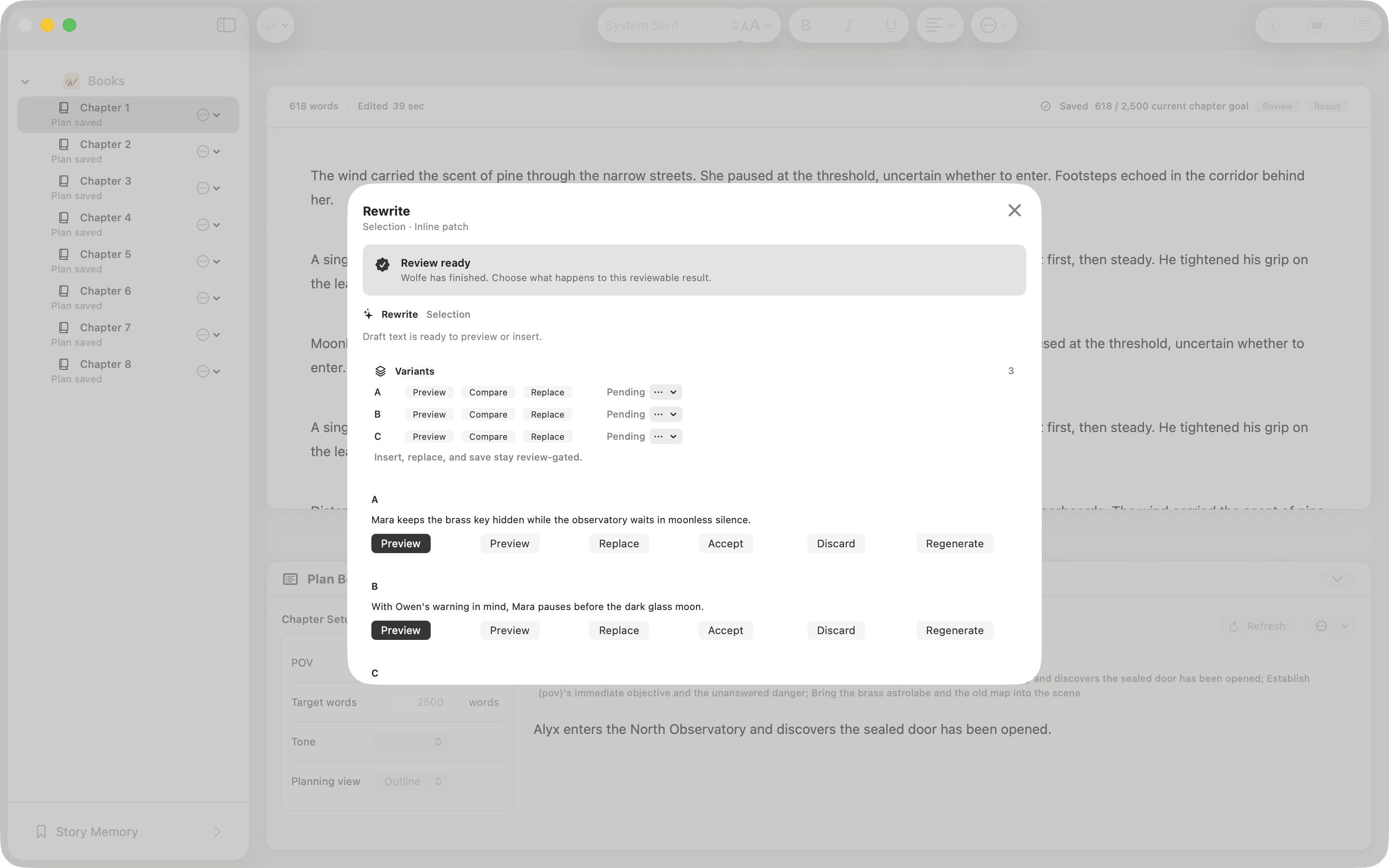 WolfeWriter review-gated AI suggestion