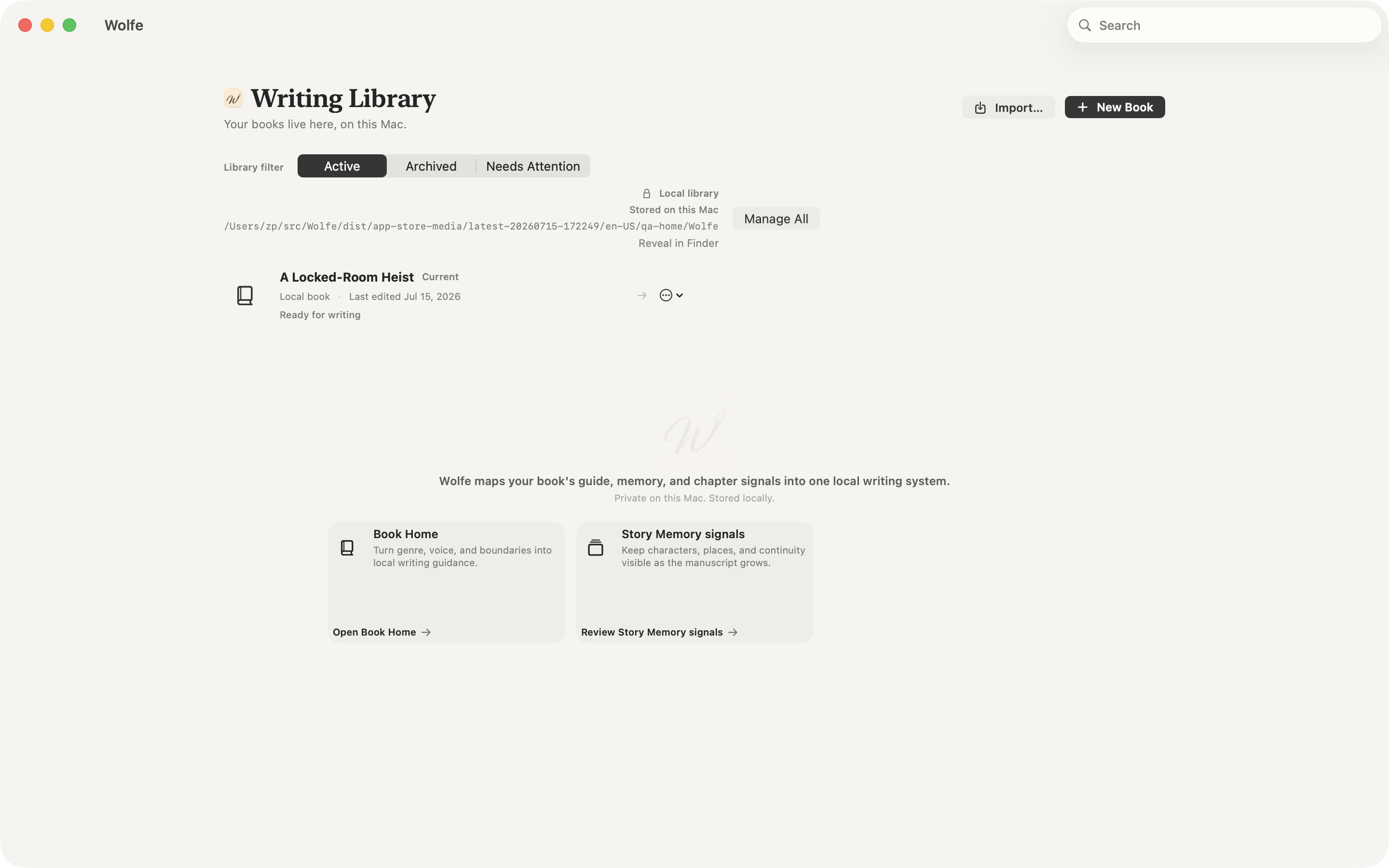 WolfeWriter local-first book library