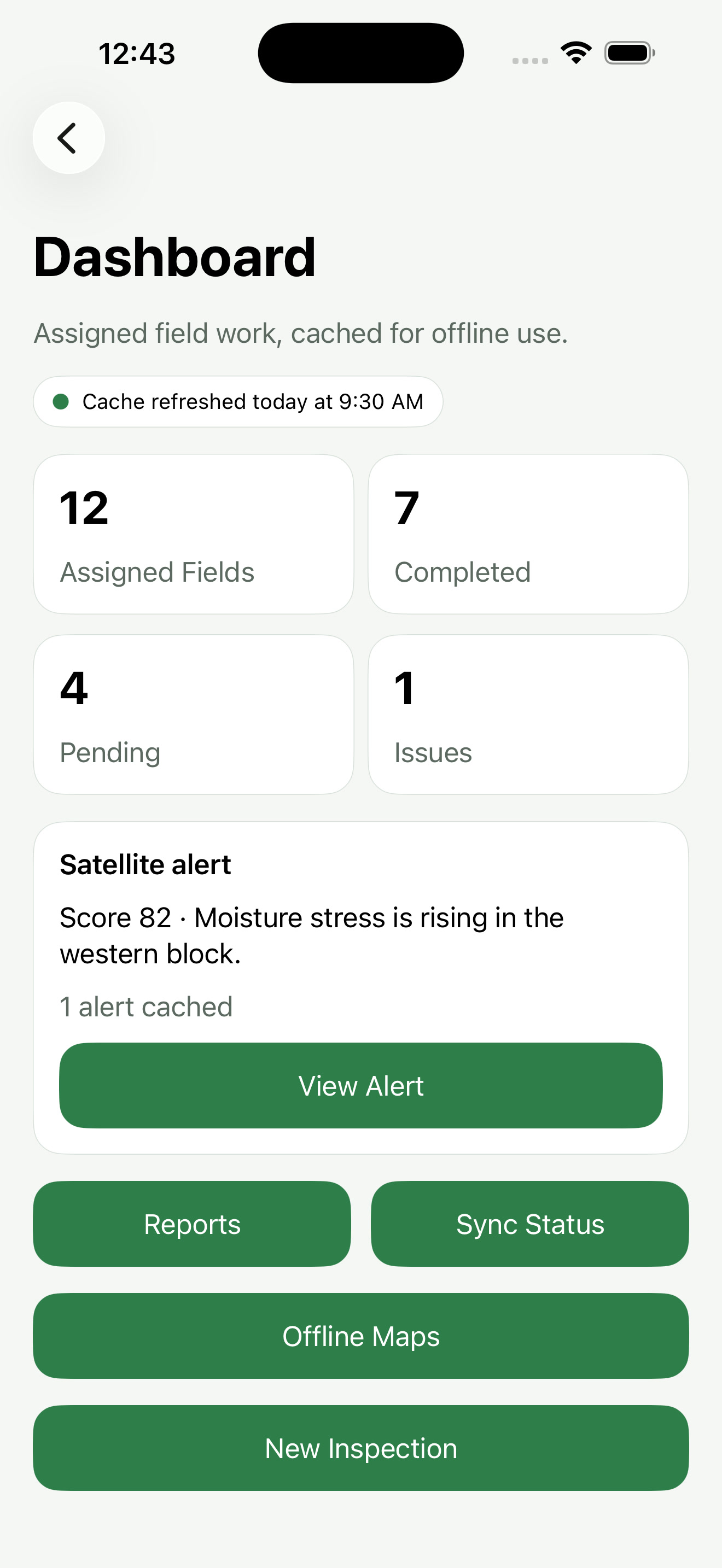 Farmbit Mobile dashboard with assigned field work and a satellite alert.