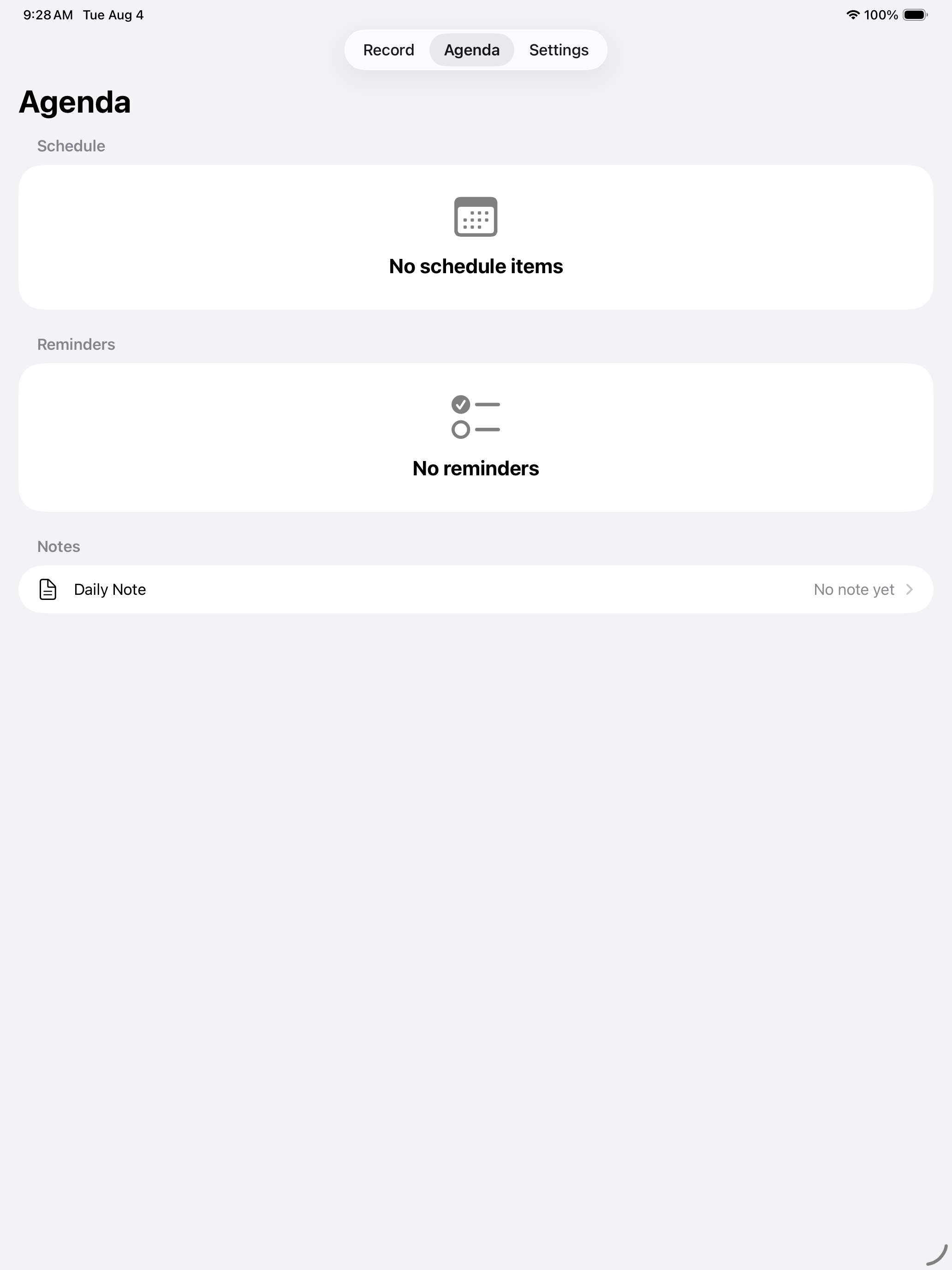 VoiceAgenda Daily Note and agenda view on iPad