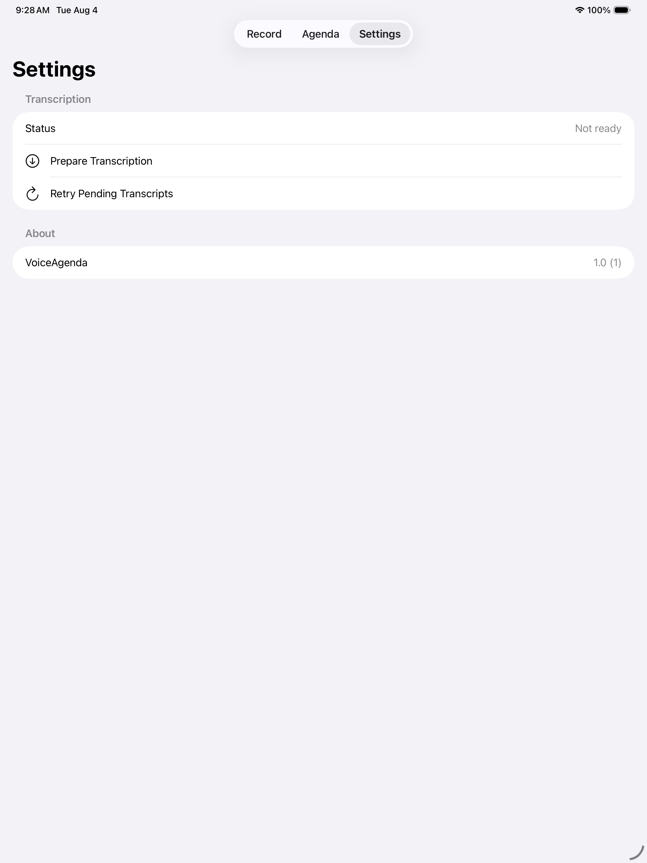 VoiceAgenda Settings screen on iPad.