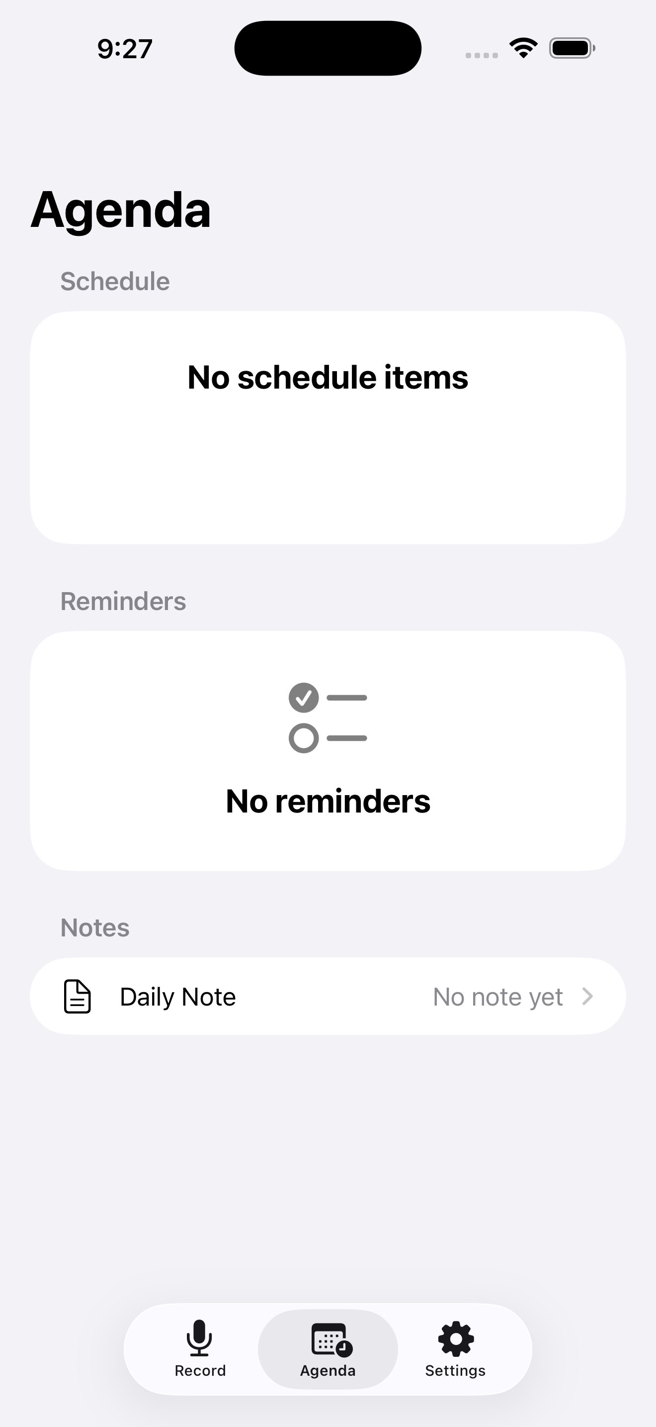 VoiceAgenda Agenda screen on iPhone.