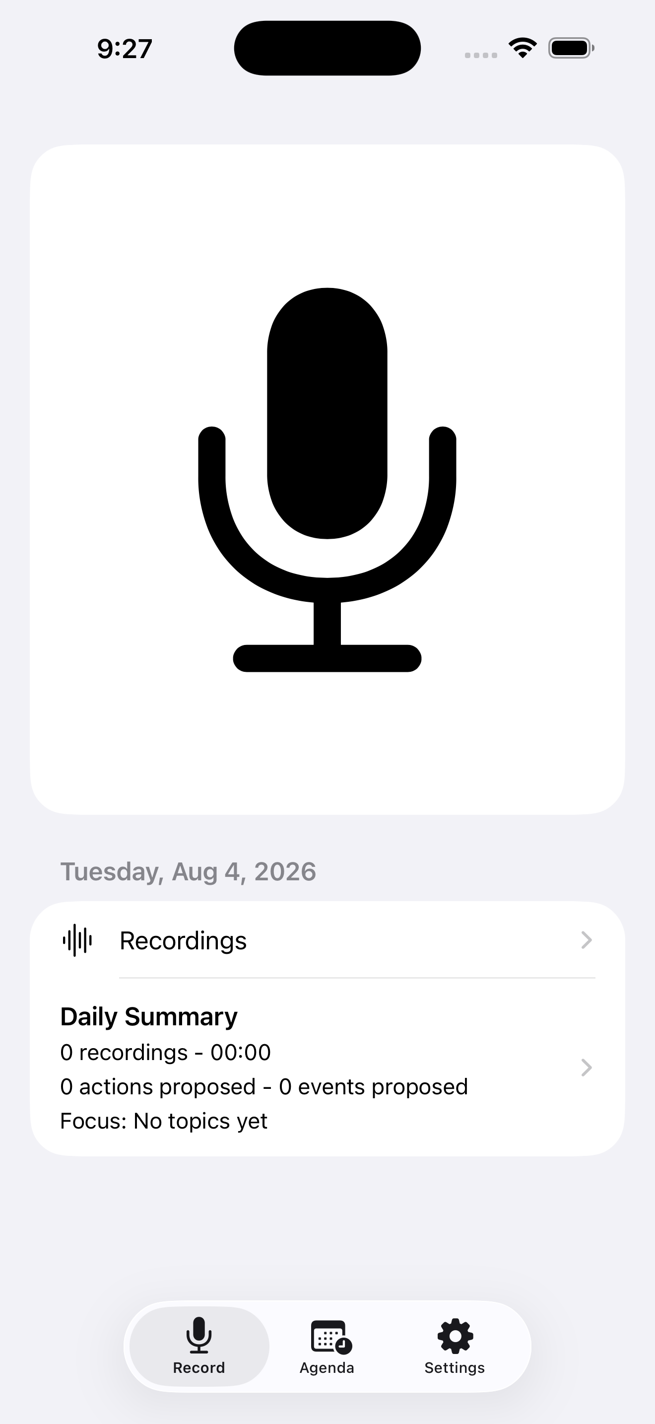 VoiceAgenda recording screen on iPhone