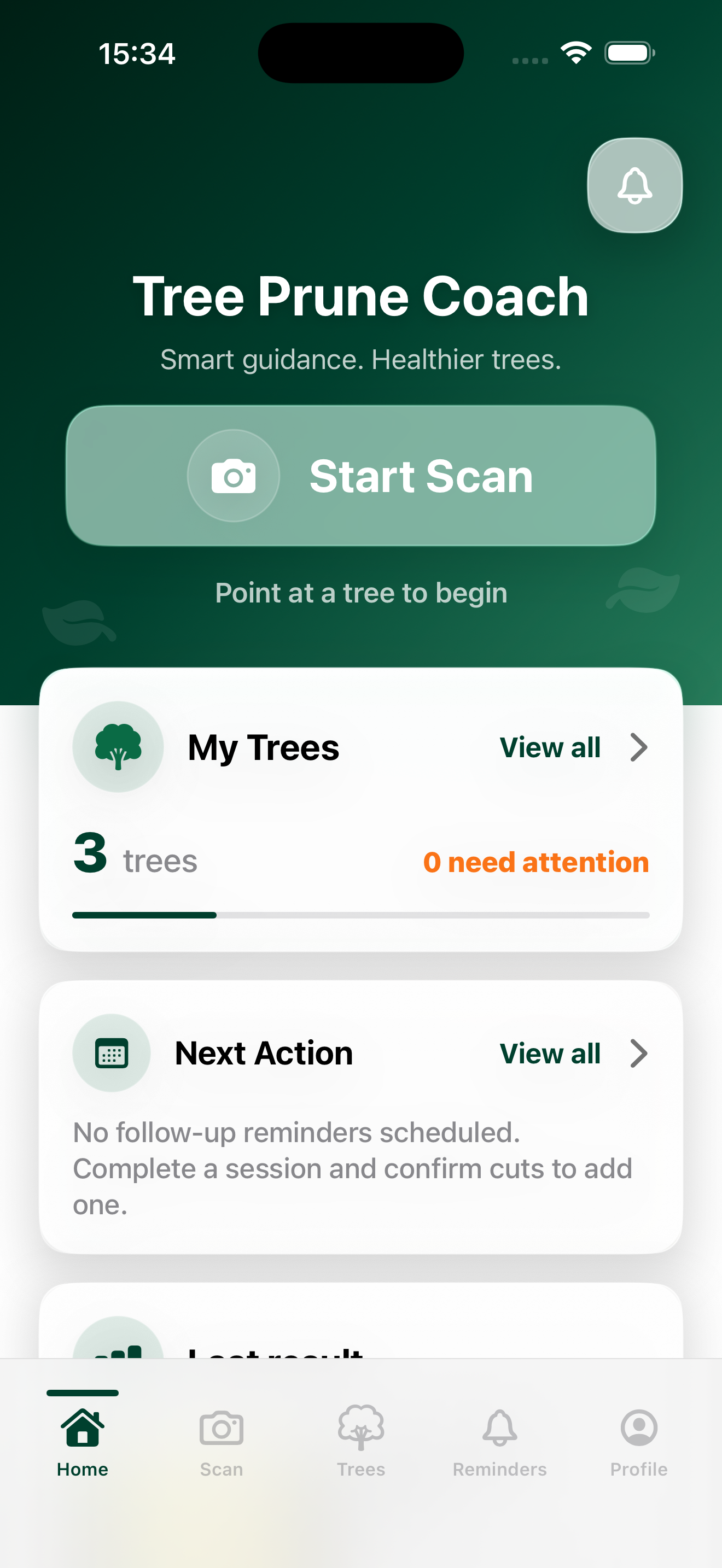 PlantCare home screen with camera-led pruning workflow