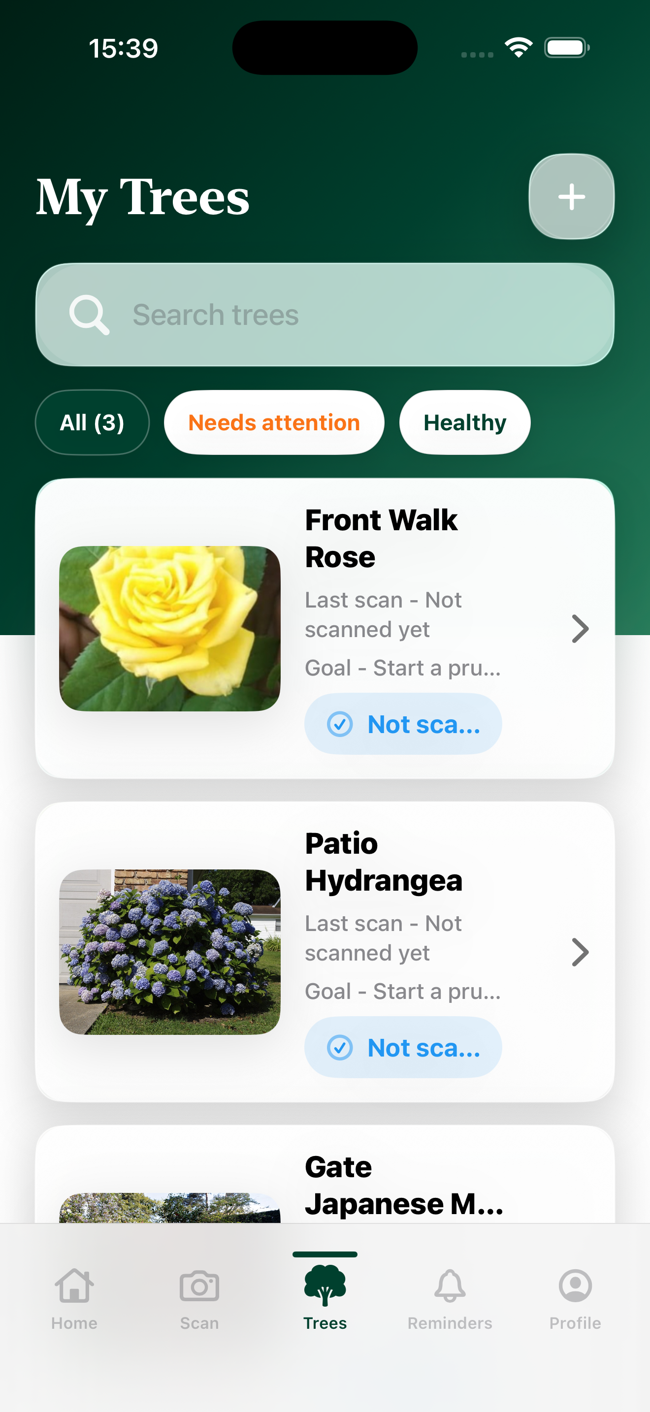 PlantCare garden journal with supported plants.