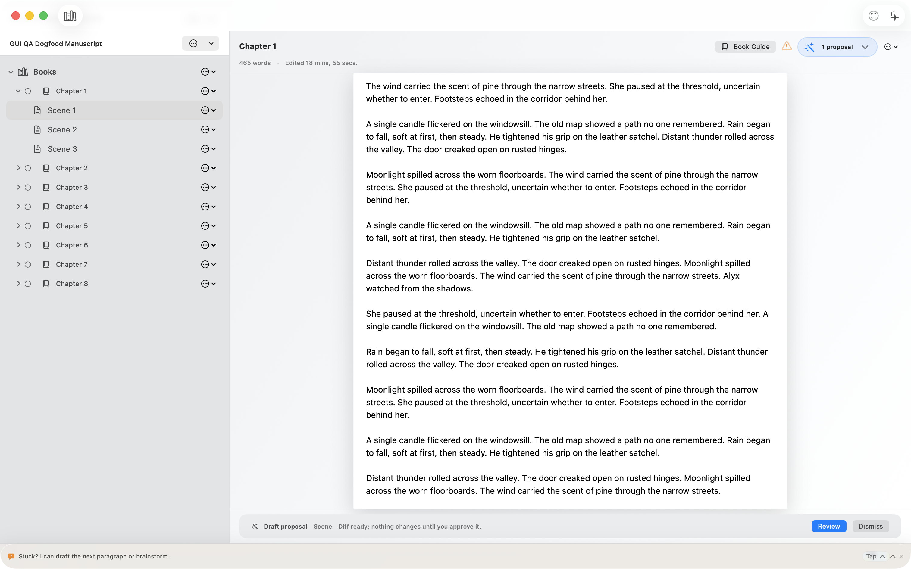 WolfeWriter manuscript and story workspace on Mac