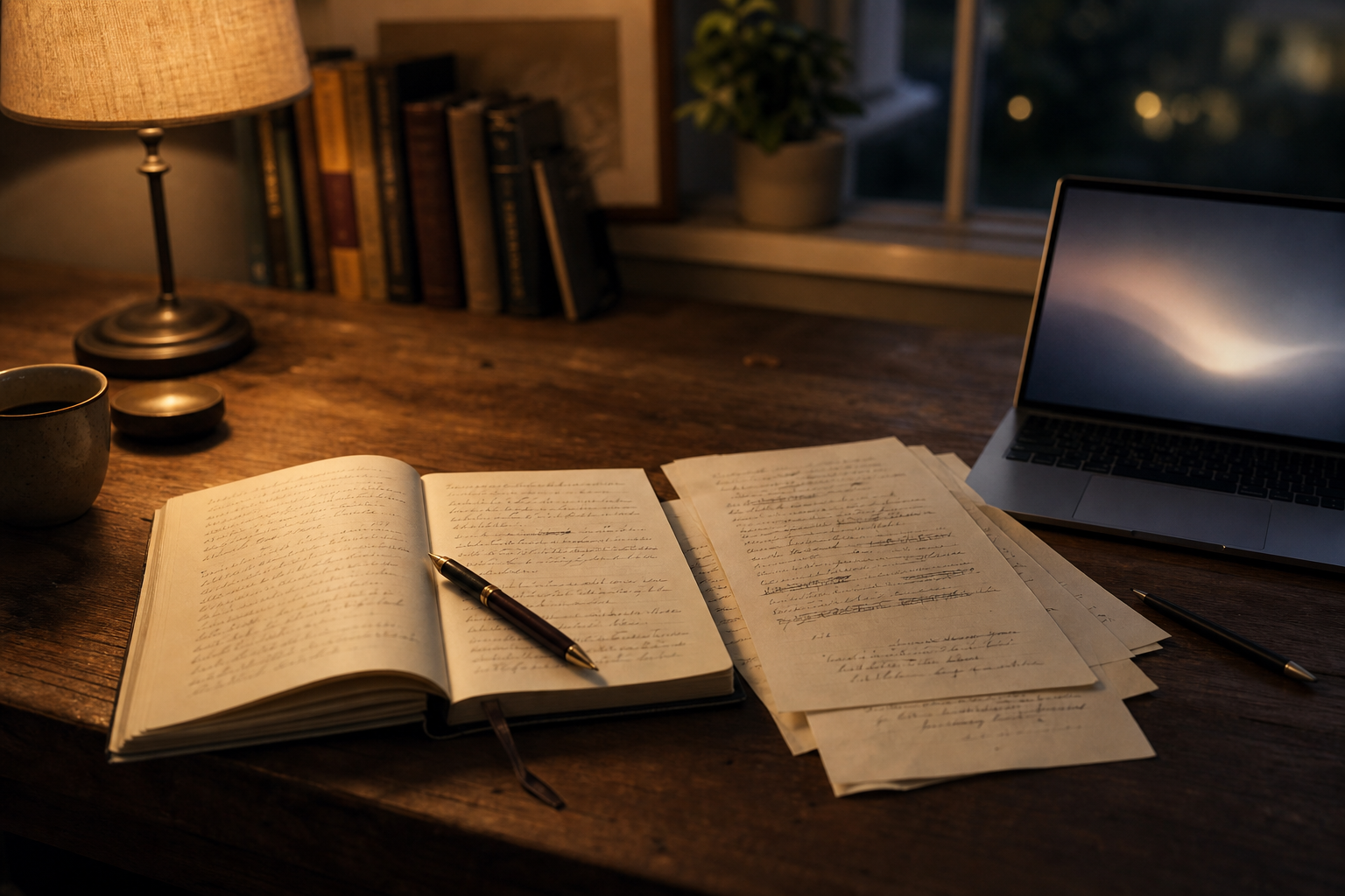 A warm writing desk with an open notebook, manuscript pages, and a laptop beside the work.